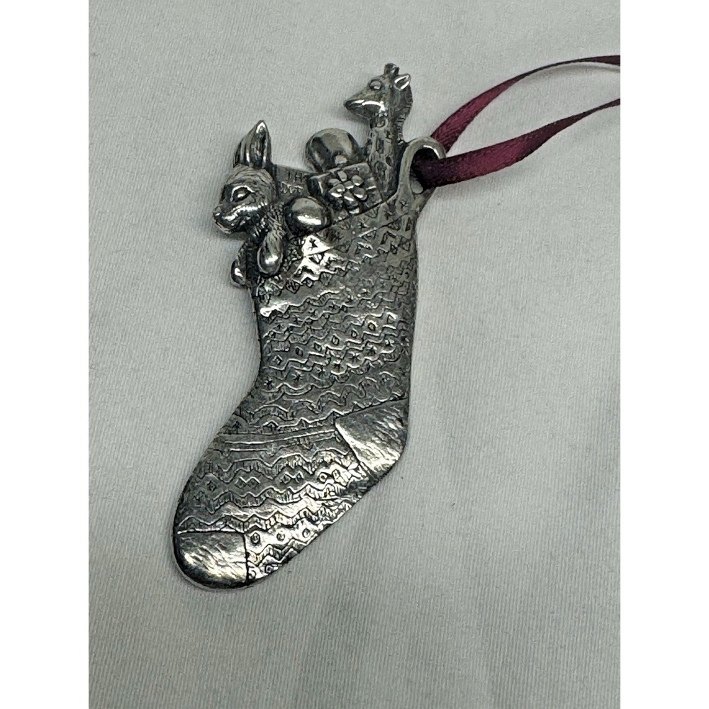 Pewter Christmas Ornament Stocking Filled With Toys Detailed Metal 2.5"